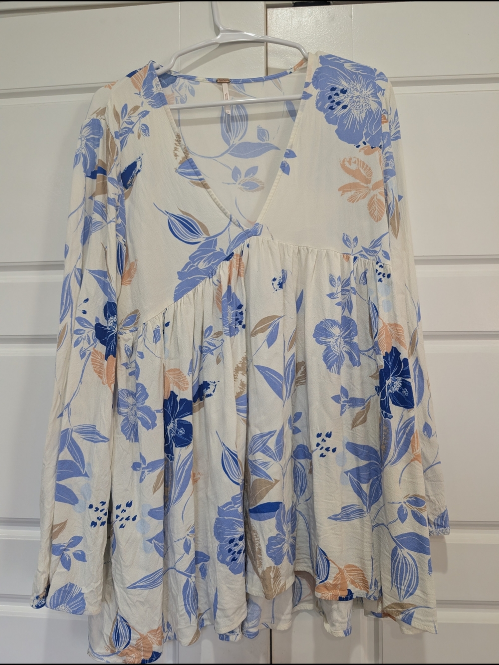 Free People Blue Floral Long Sleeve Babydoll Top Size S